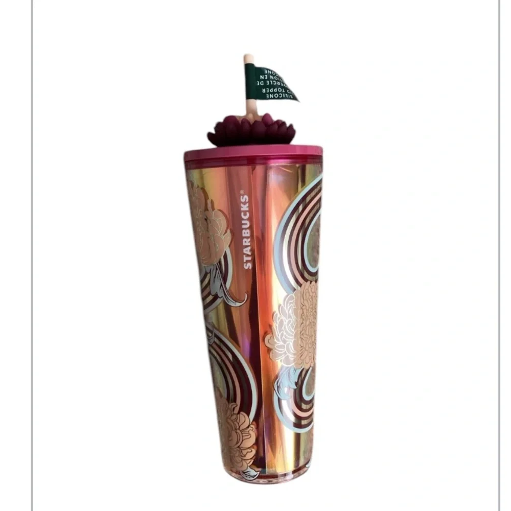 STARBUCKS  Holiday 2025 Flower Straw Charm 24 Oz Cold Cup Tumbler